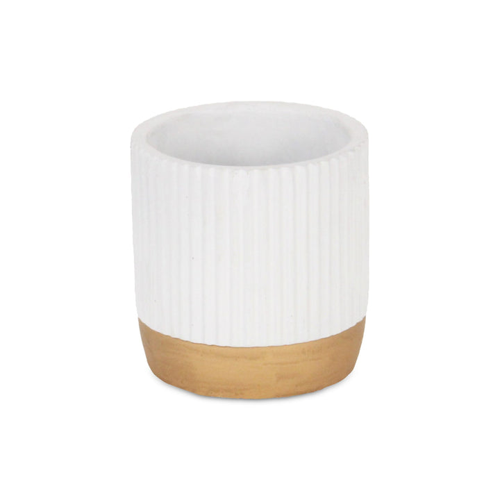 Aurone Round Ridged Ceramic Pot with Gold Finished Base - Small - White CHEUNGS