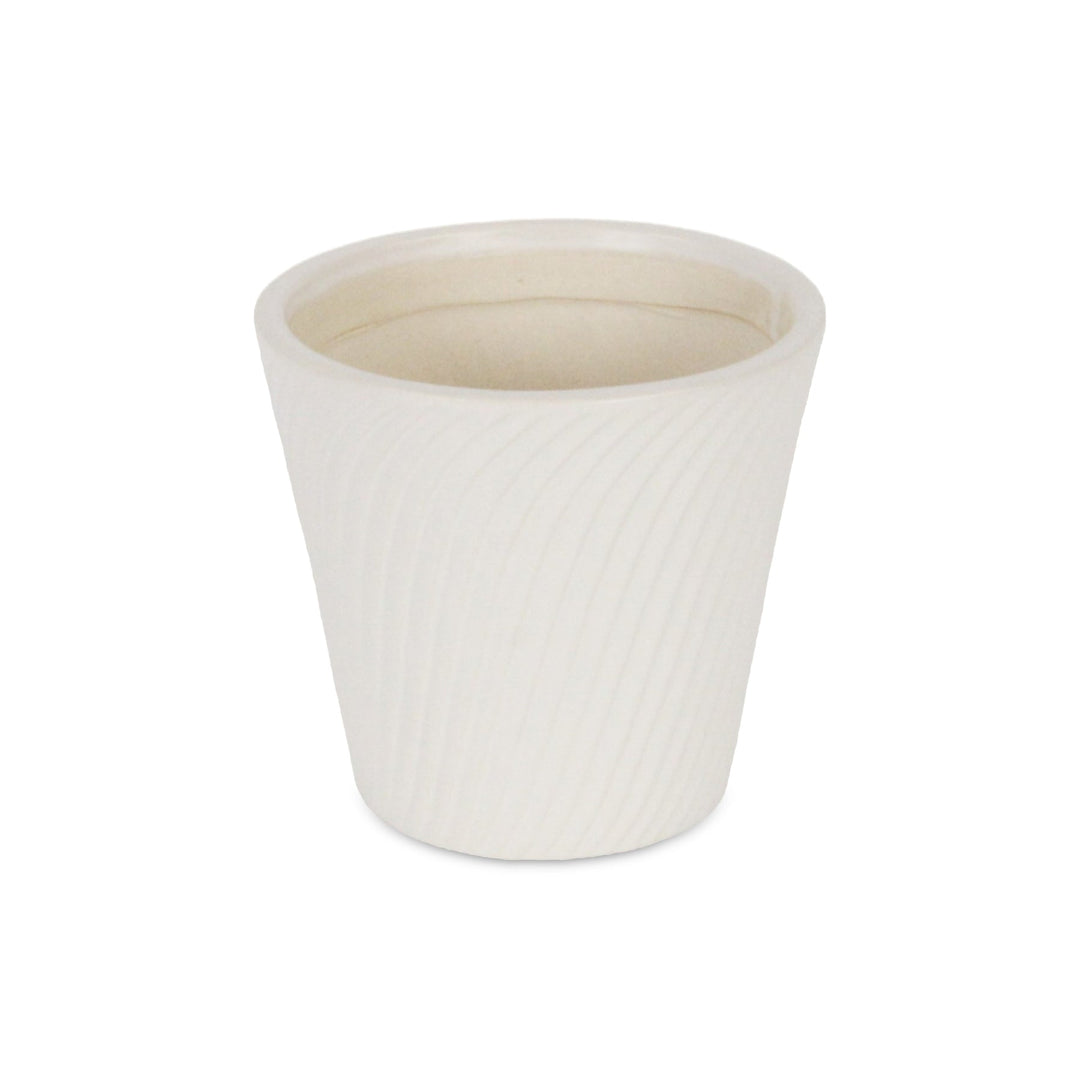 Currula Tapered Curved Swirl Pattern Ceramic Pot - Small - White CHEUNGS