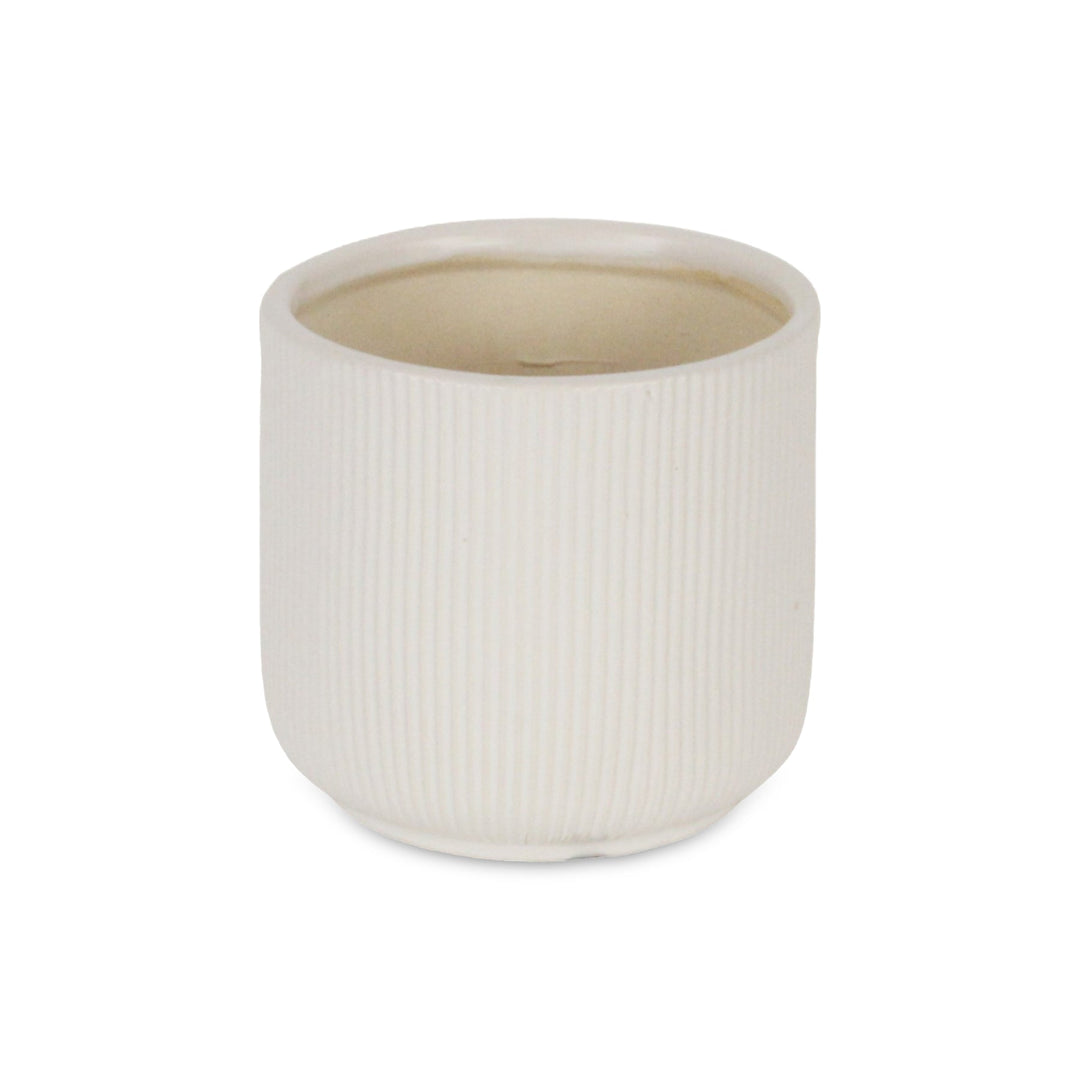 Currula Round Ridged Pattern Ceramic Pot- Small - White CHEUNGS