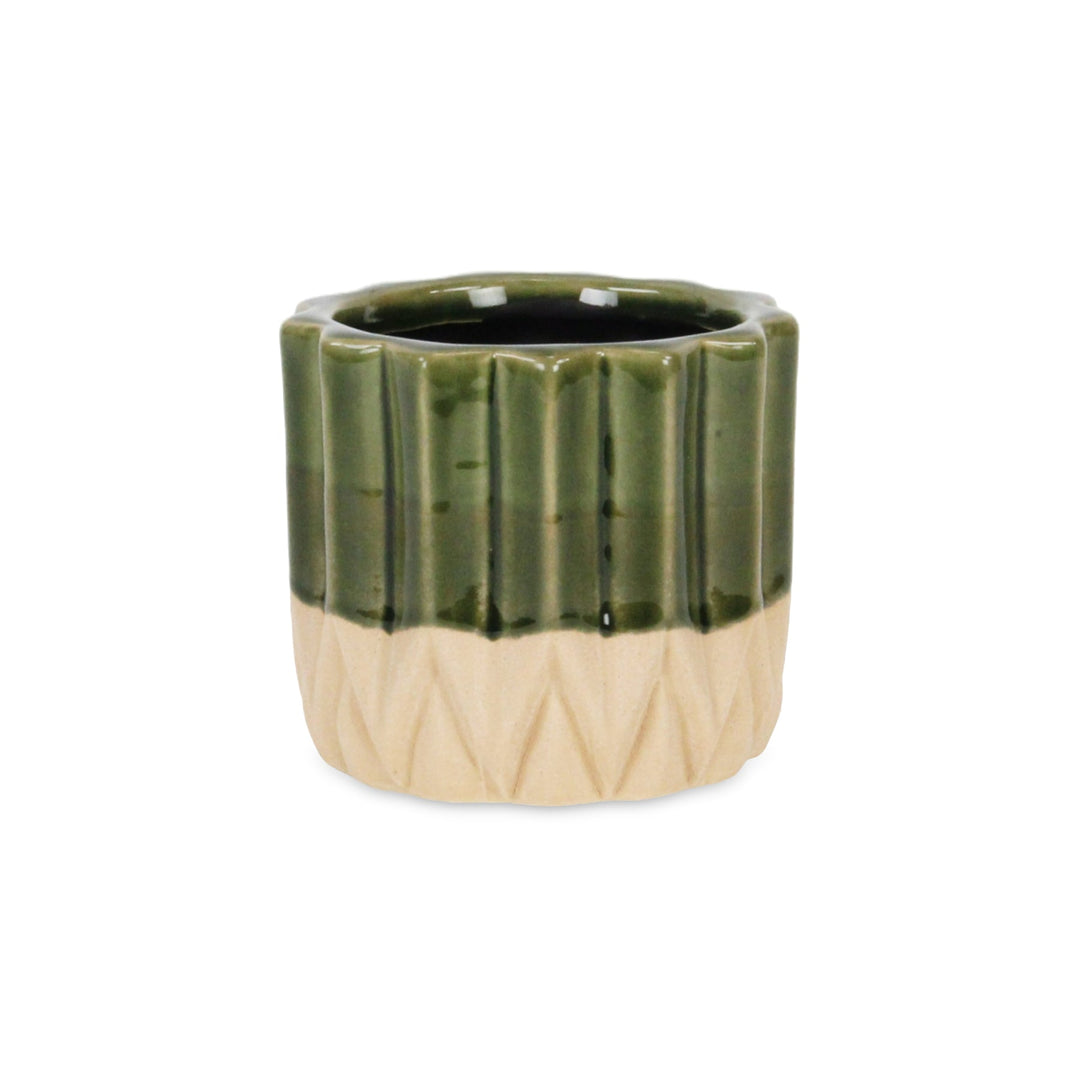 Cadeon Blossom Design Round Ceramic Pot with Textured Base- Small - Dark Green CHEUNGS