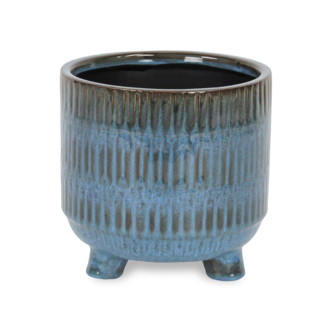 Victrola Raised Round Tri-Band Lined Pattern Ceramic Pot- Large - Blue CHEUNGS