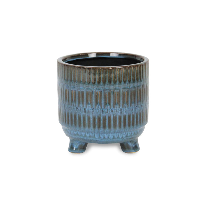 Victrola Raised Round Tri-Band Lined Pattern Ceramic Pot- Small - Blue CHEUNGS