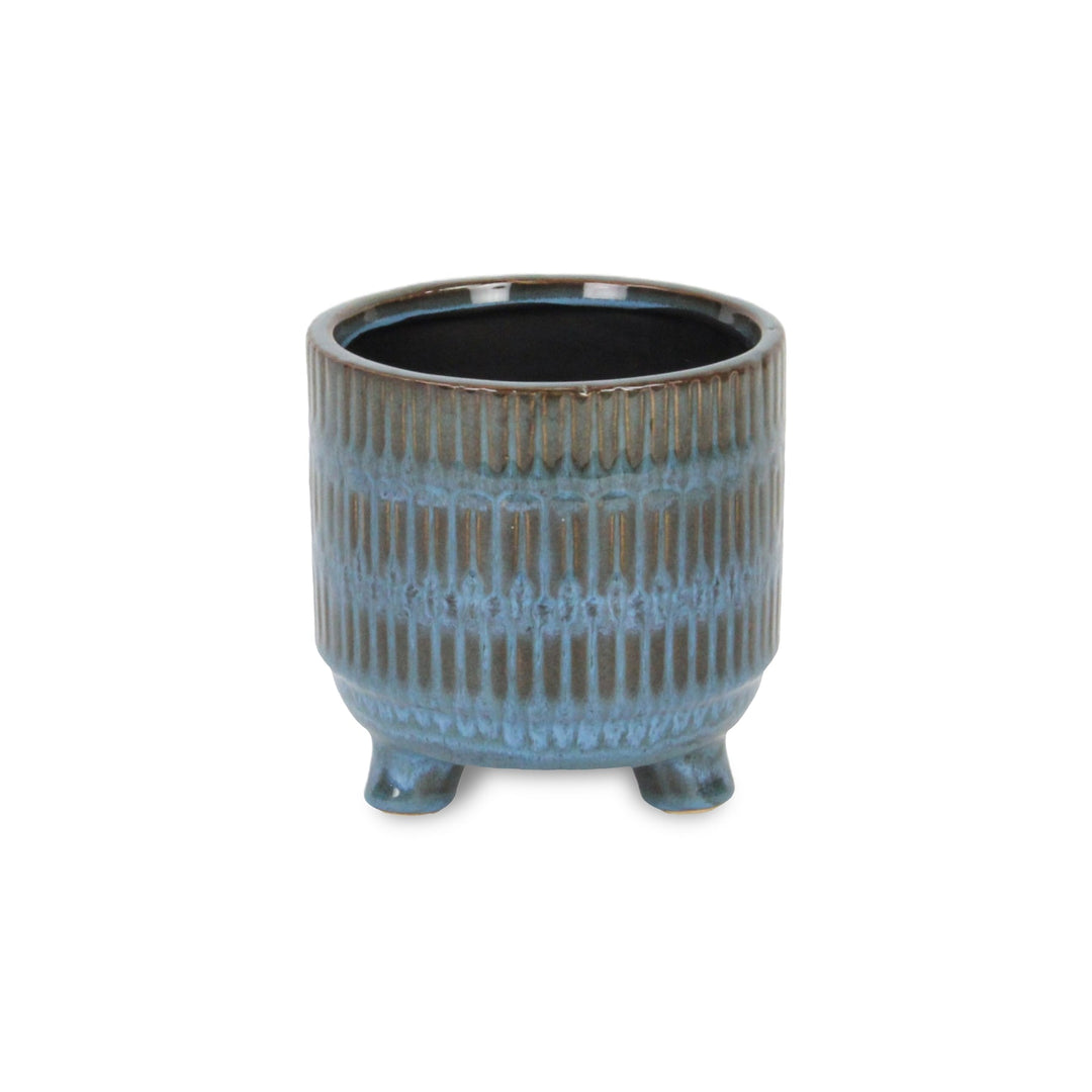 Victrola Raised Round Tri-Band Lined Pattern Ceramic Pot- Small - Blue CHEUNGS