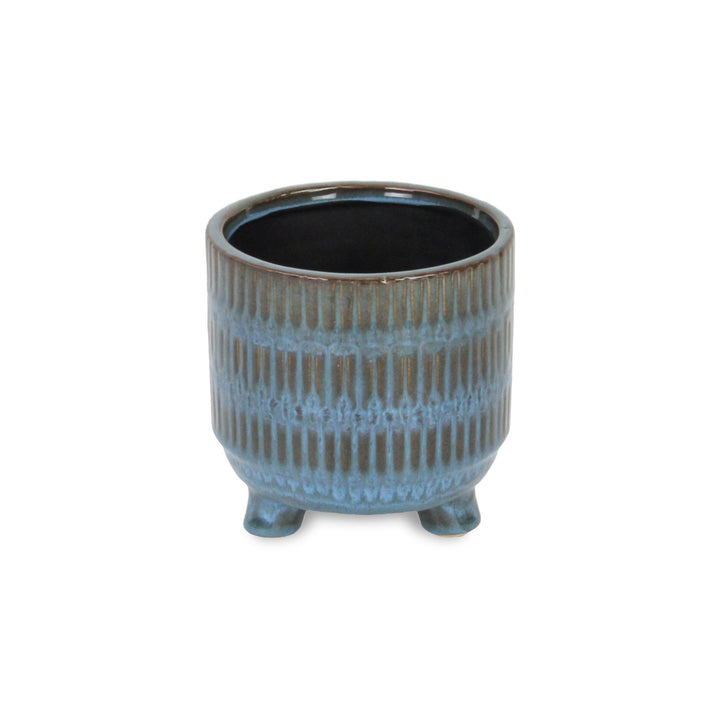 Victrola Raised Round Tri-Band Lined Pattern Ceramic Pot- Small - Blue CHEUNGS