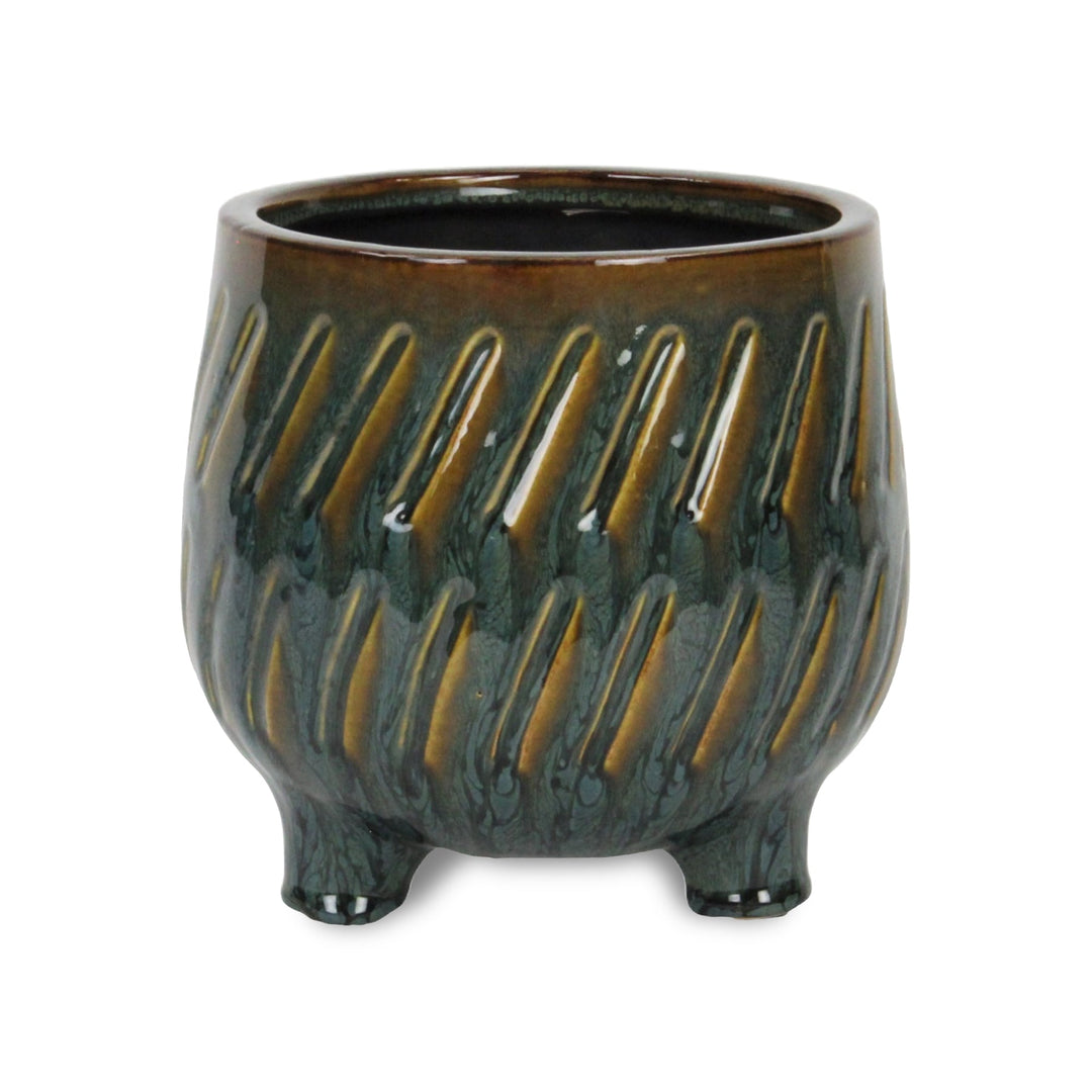 Astrona Raised Round Dual Band Diagonal Patterned Ceramic Pot- Large - Dark Copper CHEUNGS