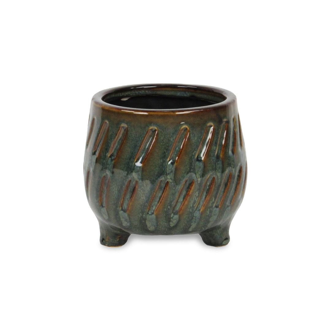 Astrona Raised Round Dual Band Diagonal Patterned Ceramic Pot- Small - Dark Copper CHEUNGS