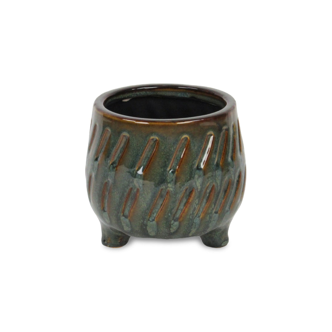 Astrona Raised Round Dual Band Diagonal Patterned Ceramic Pot- Small - Dark Copper CHEUNGS