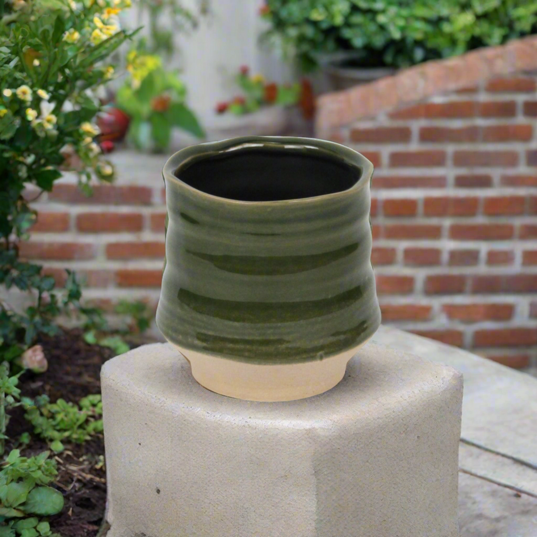 Perlacea Curved Round Tapering Ceramic Pot- Small - Green CHEUNGS