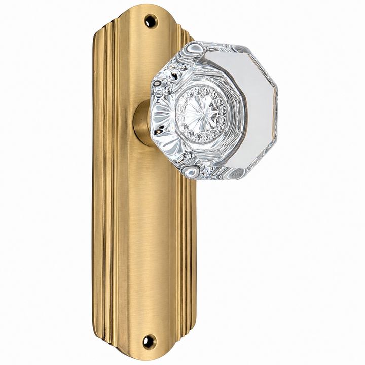 Art Deco Long Backplate Door Set with Octagon Crystal Door Knobs (Several Finishes Available)