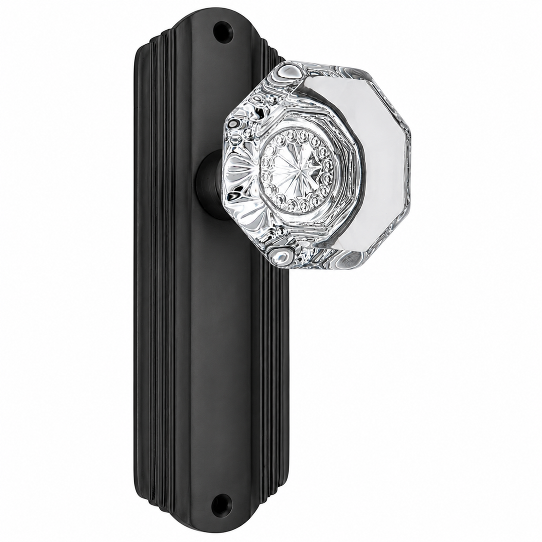 Art Deco Long Backplate Door Set with Octagon Crystal Door Knobs (Several Finishes Available)