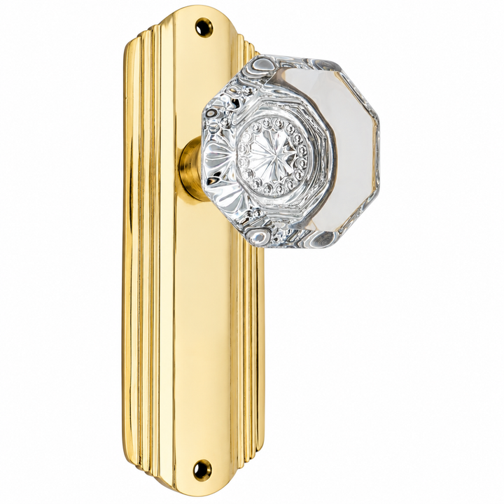 Art Deco Long Backplate Door Set with Octagon Crystal Door Knobs (Several Finishes Available)
