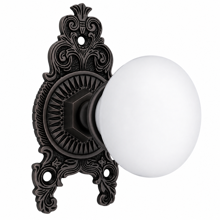 Ornate Victorian Rosette Door Set with White Porcelain Door Knobs (Several Finishes Available)