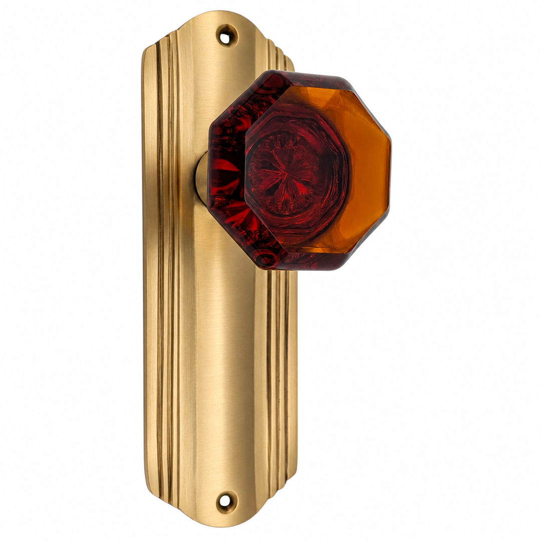 Art Deco Long Backplate Door Set with Octagon Amber Glass Door Knobs (Several Finishes Available)