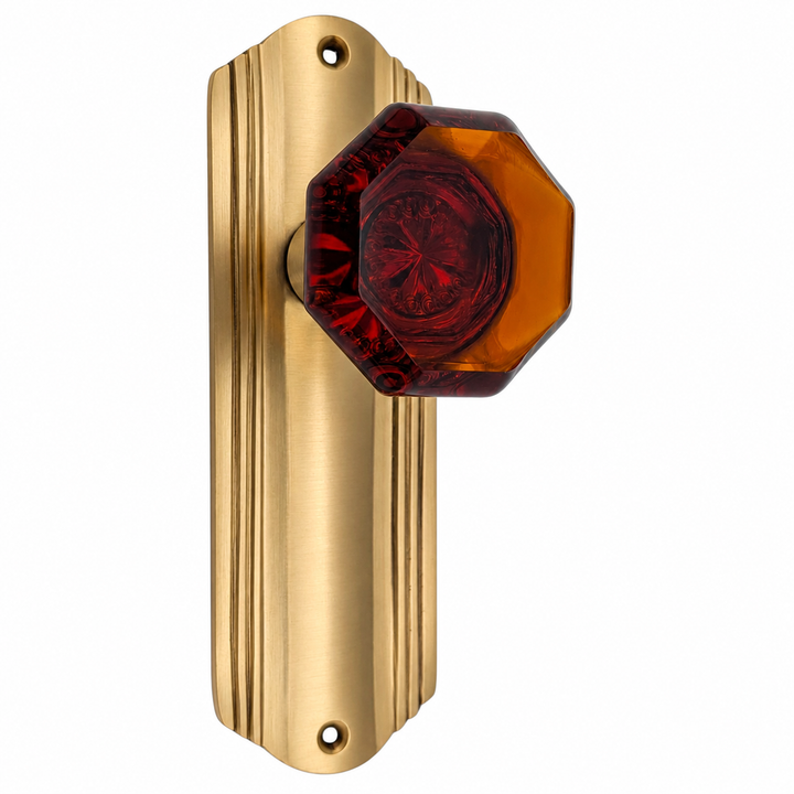 Art Deco Long Backplate Door Set with Octagon Amber Glass Door Knobs (Several Finishes Available)