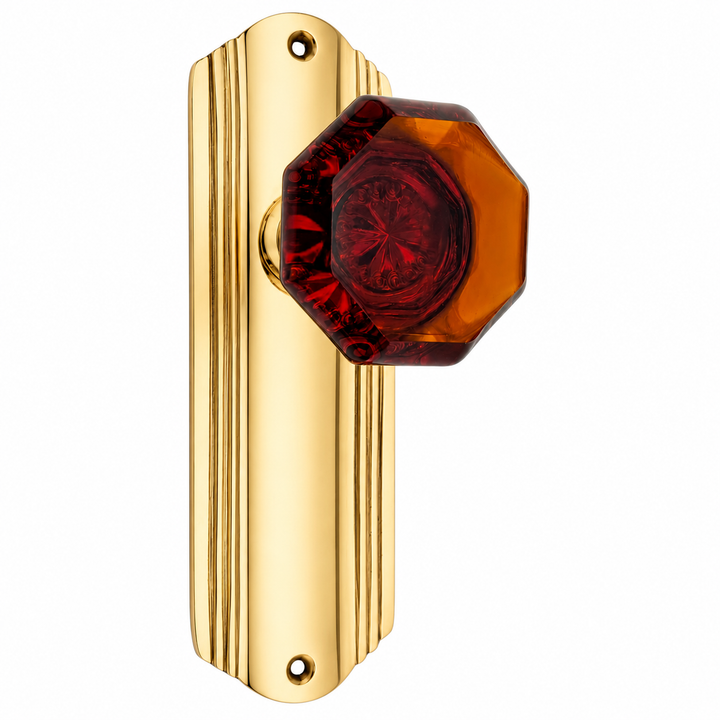 Art Deco Long Backplate Door Set with Octagon Amber Glass Door Knobs (Several Finishes Available)