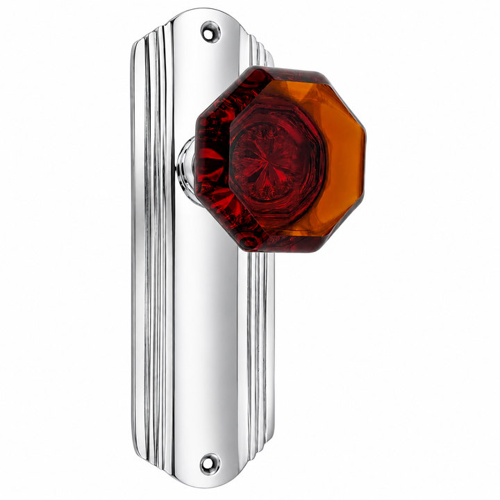 Art Deco Long Backplate Door Set with Octagon Amber Glass Door Knobs (Several Finishes Available)