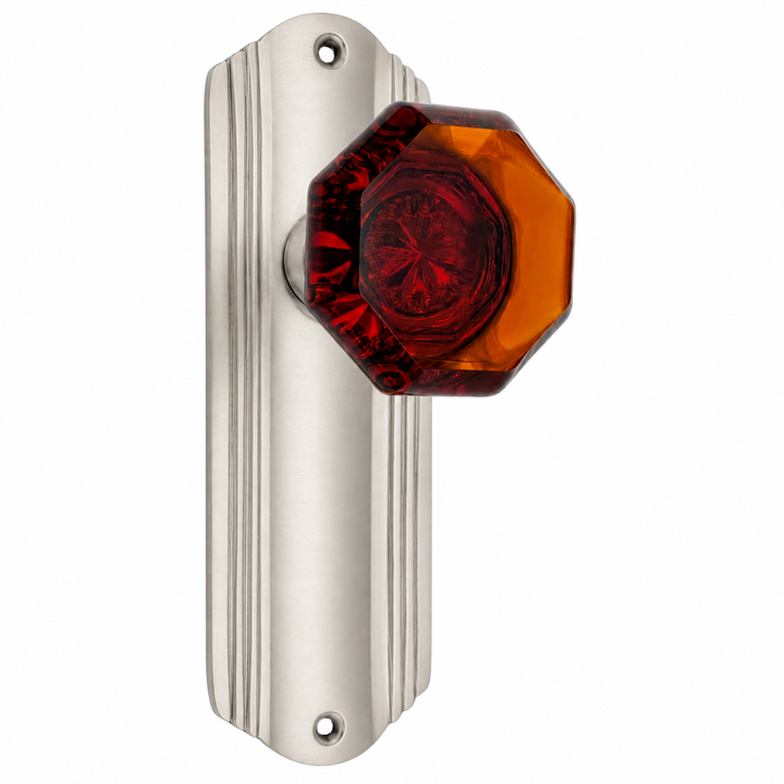 Art Deco Long Backplate Door Set with Octagon Amber Glass Door Knobs (Several Finishes Available)