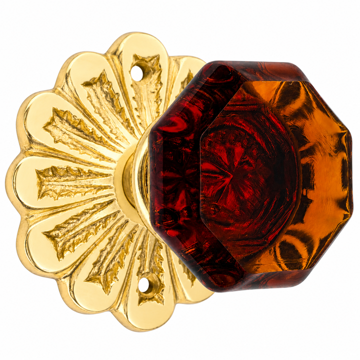 Maltesia Flower Rosette Door Set with Octagon Amber Glass Door Knobs (Several Finishes Available)