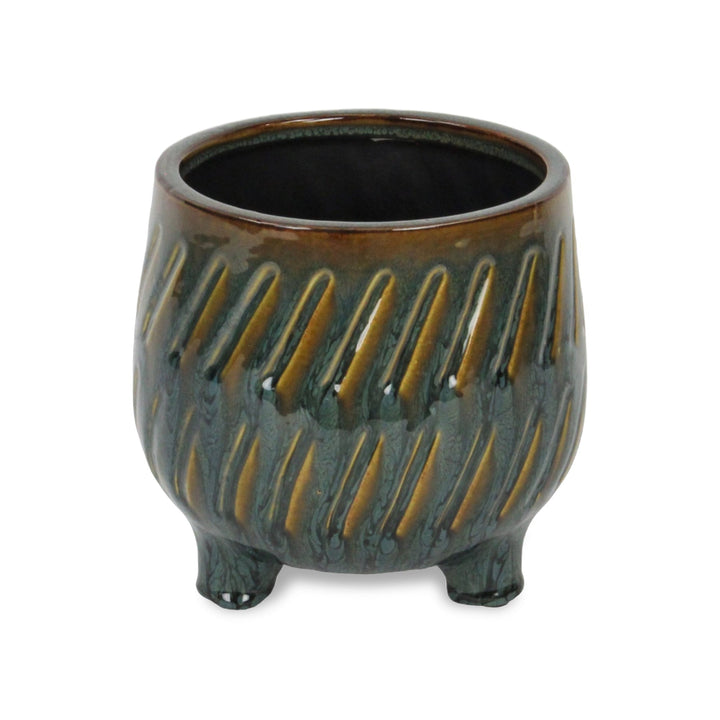 Astrona Raised Round Dual Band Diagonal Patterned Ceramic Pot- Large - Dark Copper CHEUNGS