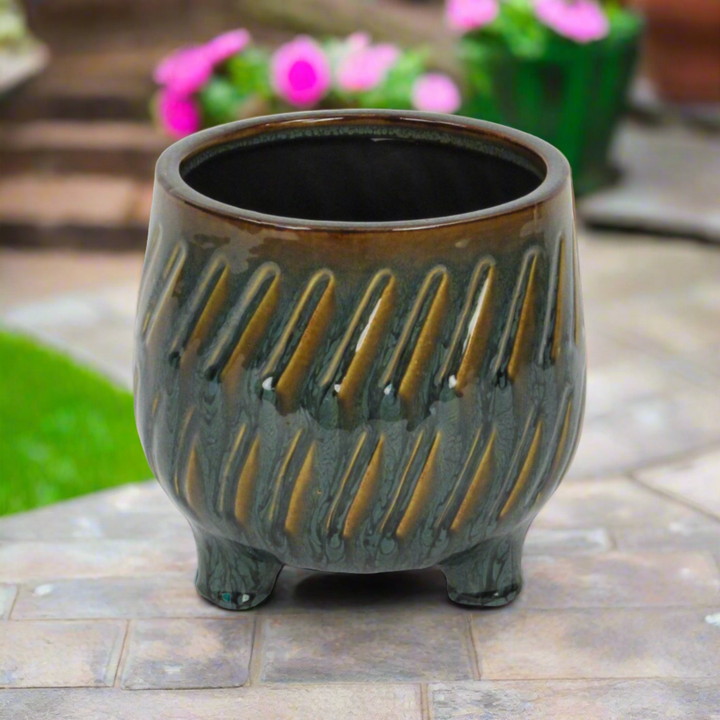 Astrona Raised Round Dual Band Diagonal Patterned Ceramic Pot- Large - Dark Copper CHEUNGS