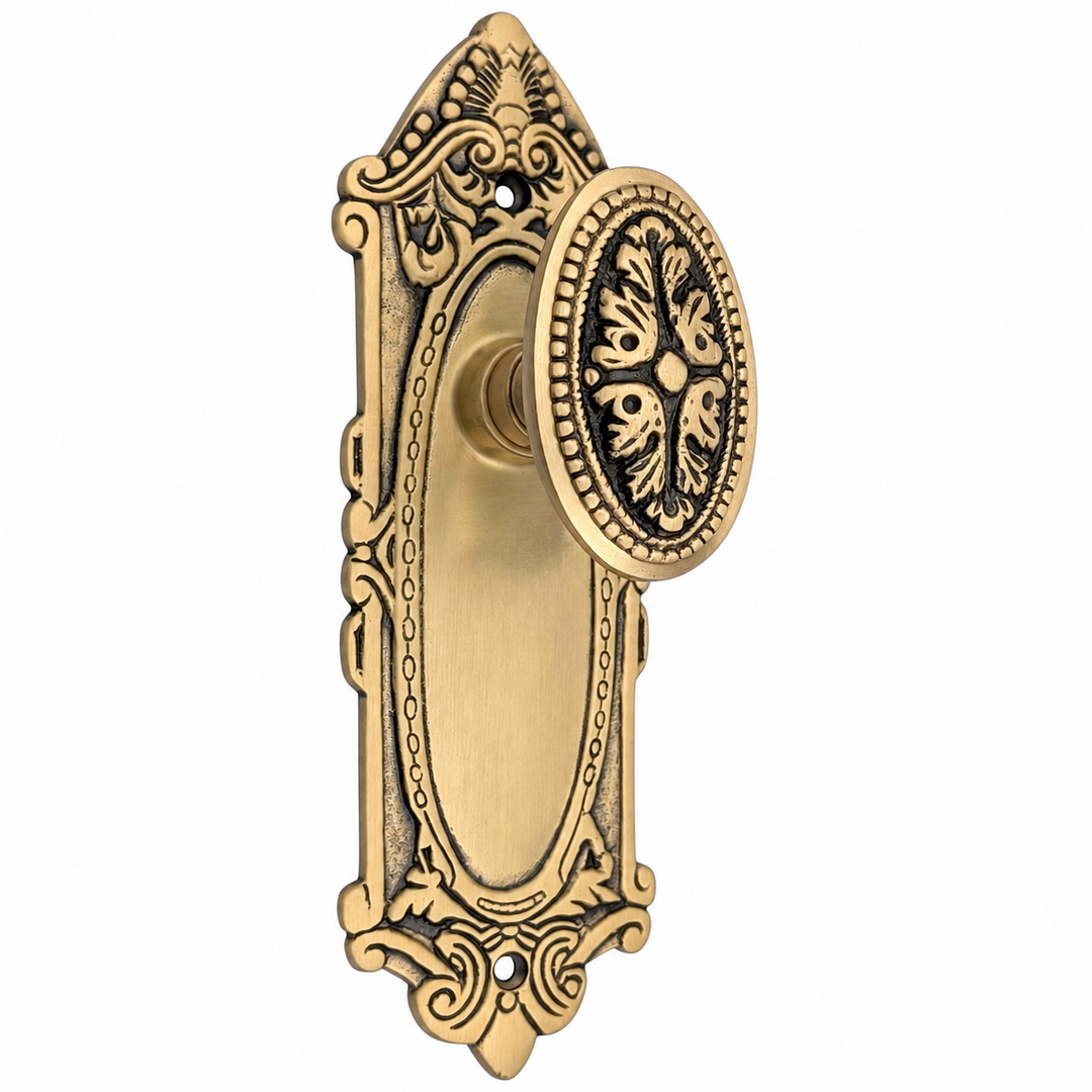 Ornate Victorian Long Backplate Door Set with Avalon Oval Door Knobs (Several Finishes Available)