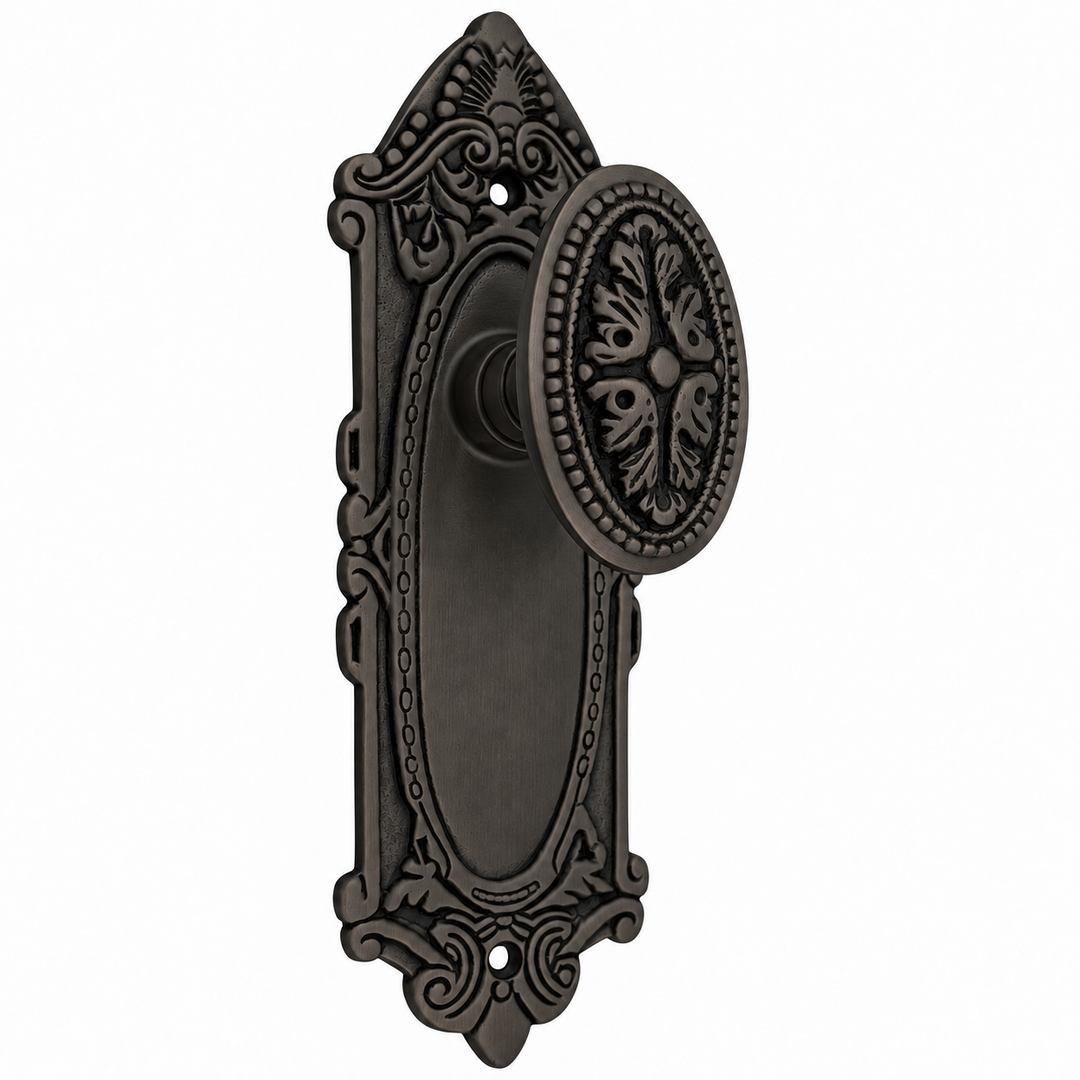 Ornate Victorian Long Backplate Door Set with Avalon Oval Door Knobs (Several Finishes Available)
