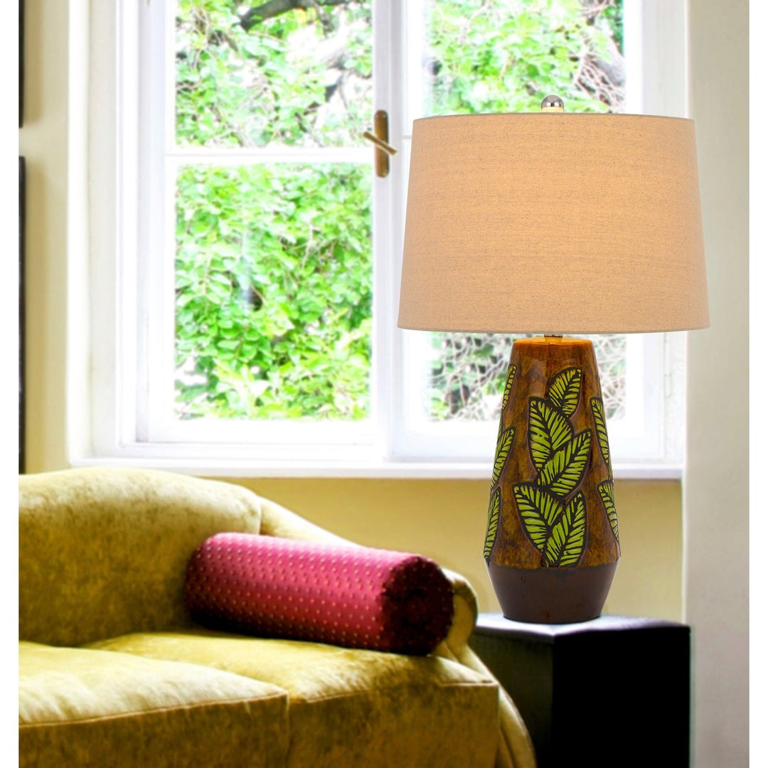 150W 3 WAY HANSON CERAMIC TABLE LAMP WITH HARDBACK TAPER LINEN DRUM SHADE Cal Lighting
