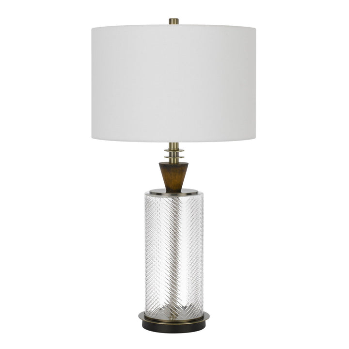 150W 3 WAY SHERWOOD GLASS TABLE LAMP WITH WOOD FONT AND HARDBACK FABRIC DRUM SHADE Cal Lighting