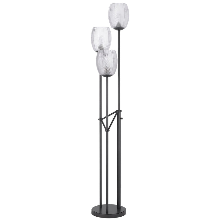60W X 3 OCONTO METAL FLOOR LAMP WITH PATTERNED GLASS SHADES. Cal Lighting