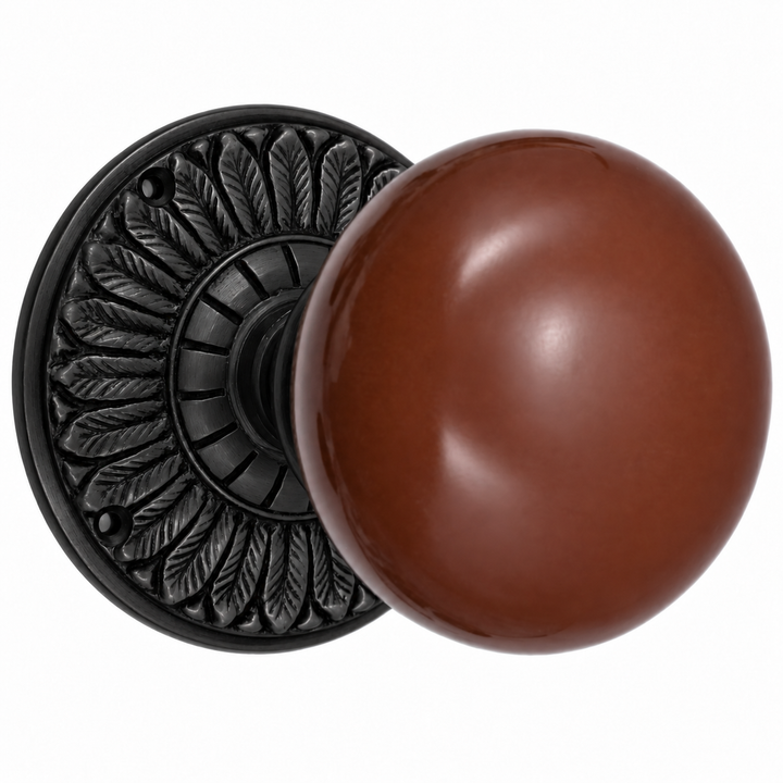 Brown Porcelain Door Knob with Brass Feathers Rosette (Several Finishes Available)
