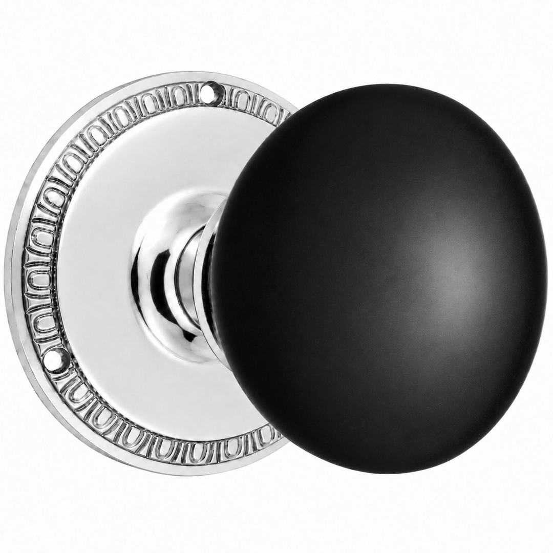 Egg & Dart Rosette Door Set with Black Porcelain Door Knobs (Several Finishes Available)