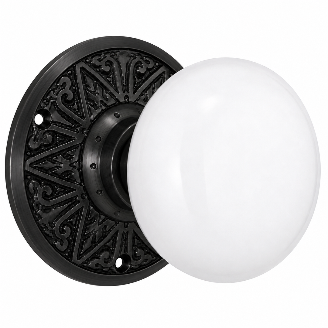 Eastlake Rosette Door Set with White Porcelain Door Knobs (Several Finishes Available)