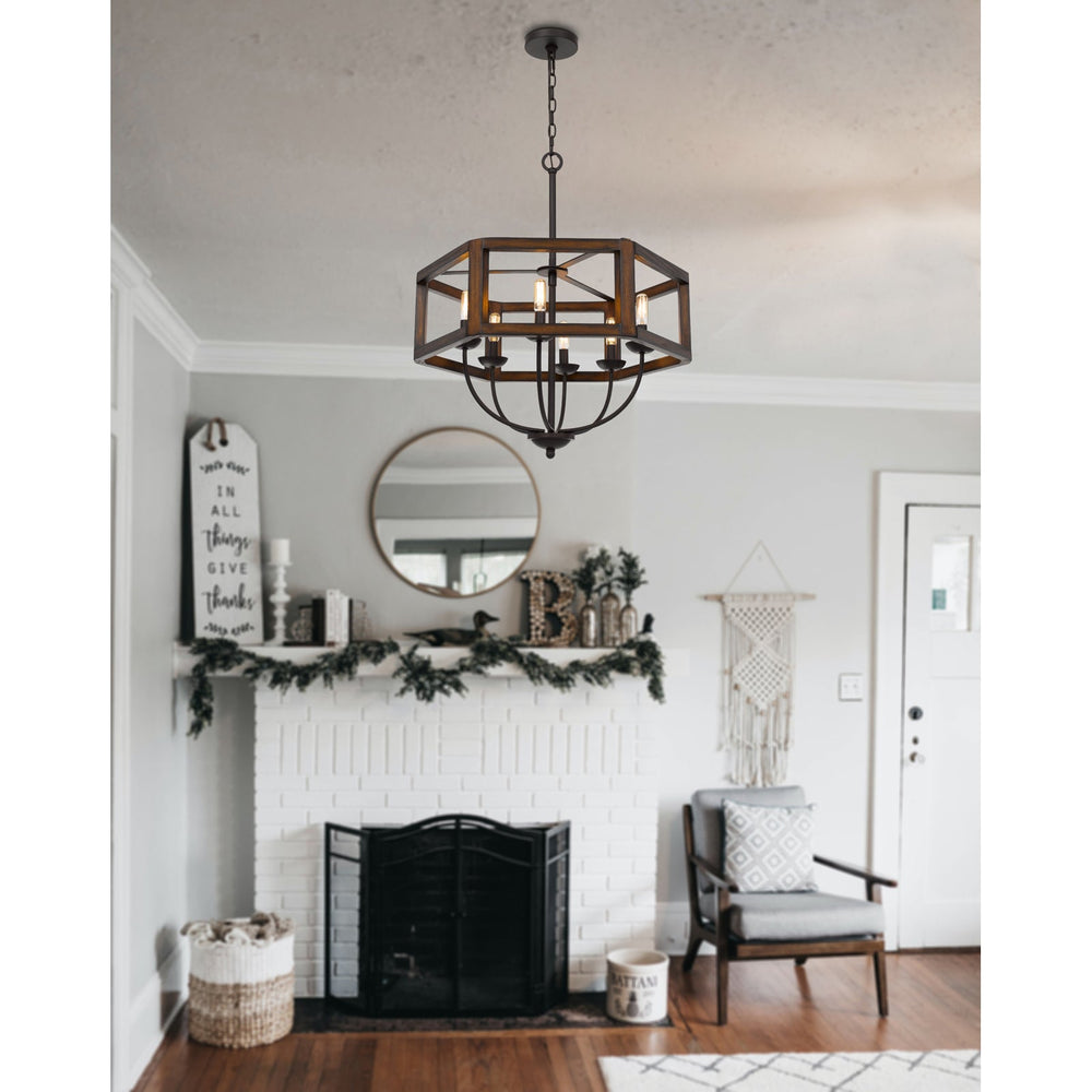 60W X 6 RENTON HEXAGON RUBBER WOOD / METAL CHANDELIER Cal Lighting