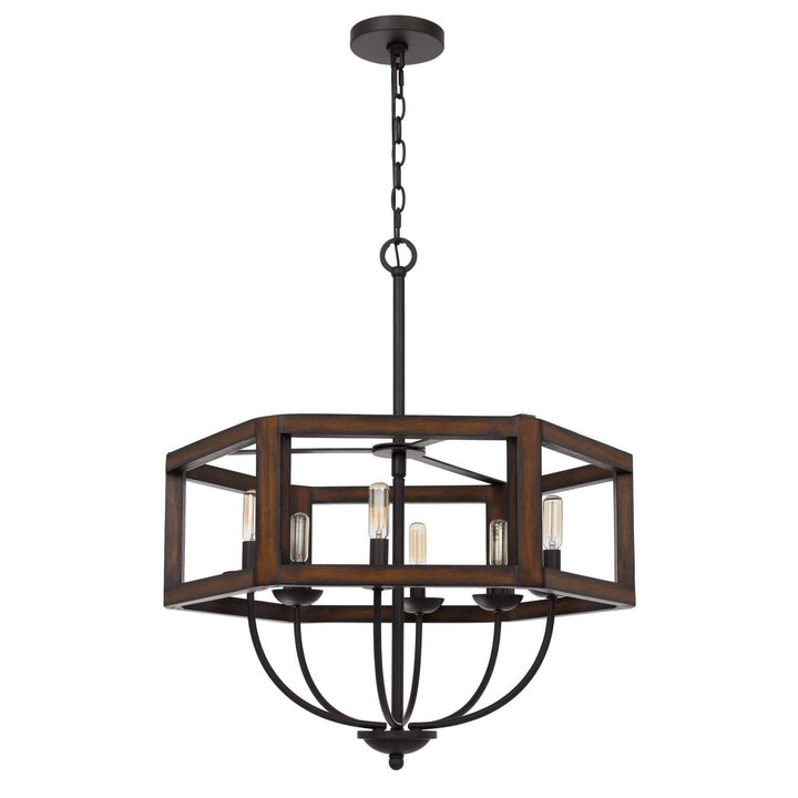 60W X 6 RENTON HEXAGON RUBBER WOOD / METAL CHANDELIER Cal Lighting
