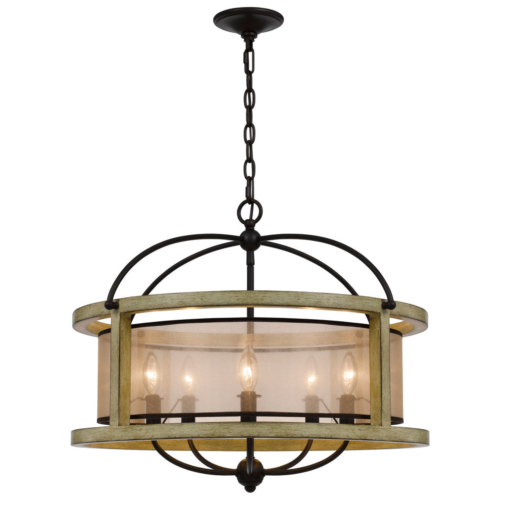 PALENCIA RUBBER WOOD ROUND CHANDELIER WITH ORGANZA SHADE Cal Lighting
