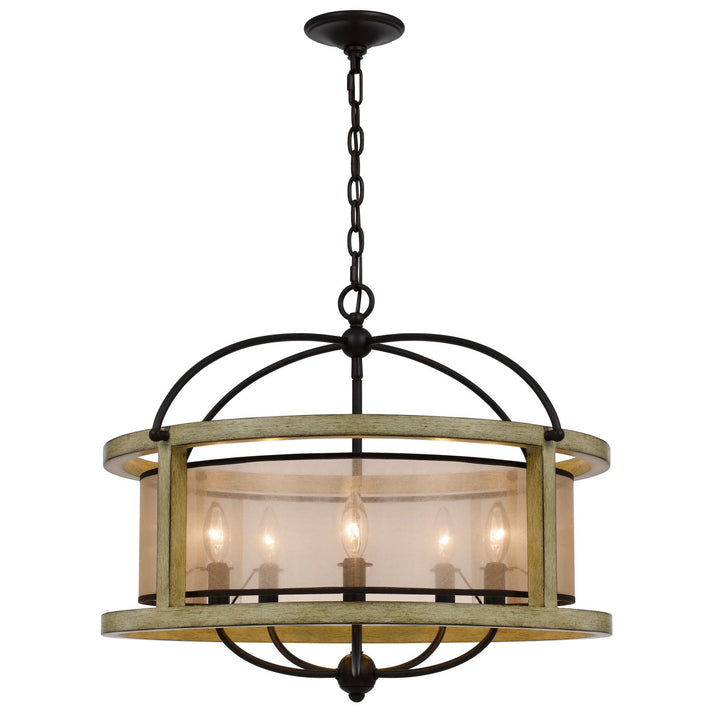 PALENCIA RUBBER WOOD ROUND CHANDELIER WITH ORGANZA SHADE Cal Lighting