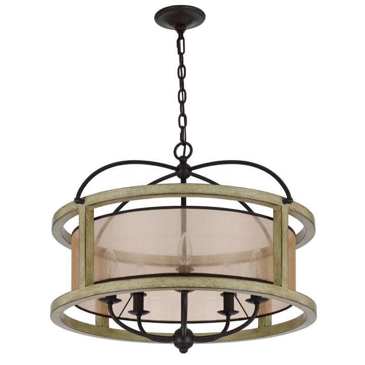 PALENCIA RUBBER WOOD ROUND CHANDELIER WITH ORGANZA SHADE Cal Lighting