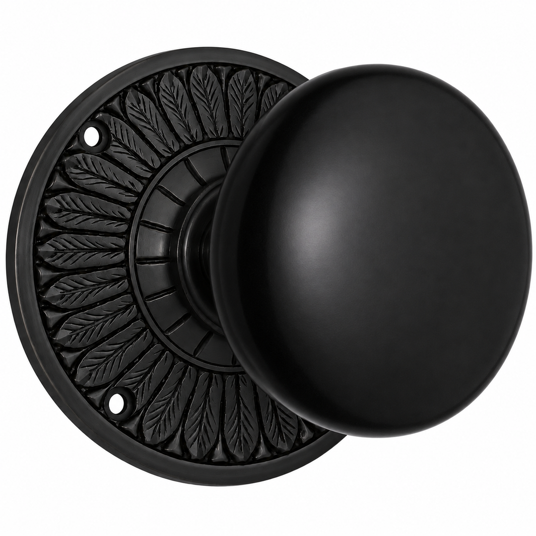Feather Rosette Door Set with Black Porcelain Door Knobs (Several Finishes Available)