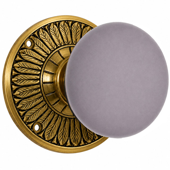 Grey Porcelain Door Knob with Brass Feathers Rosette