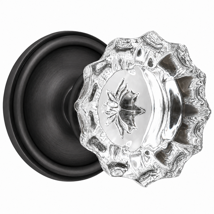 Traditional Rosette Door Set with Fluted Crystal Door Knobs (Several Finishes Available)