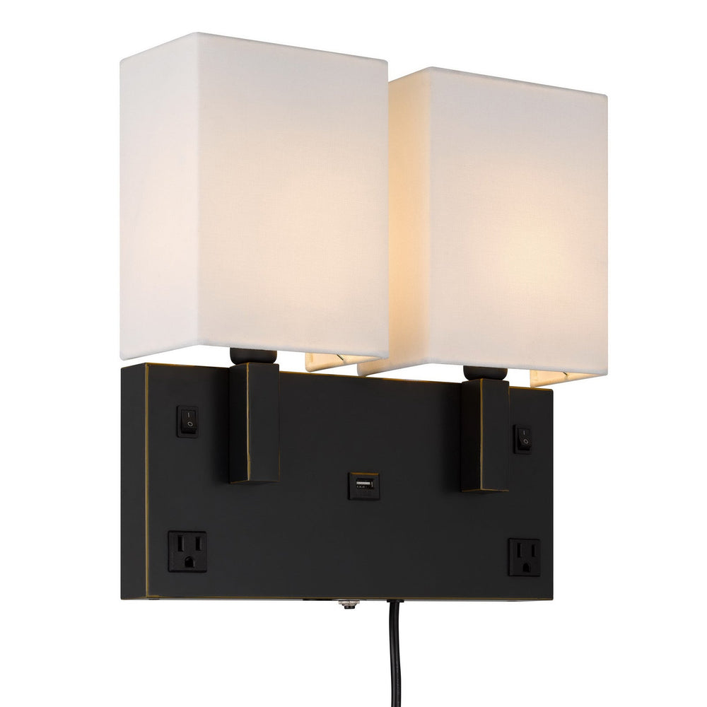 40W X 2 OBERLIN WALL LAMP WITH 2 POWER OUTLETS AND 1 USB CHARGING PORT Cal Lighting