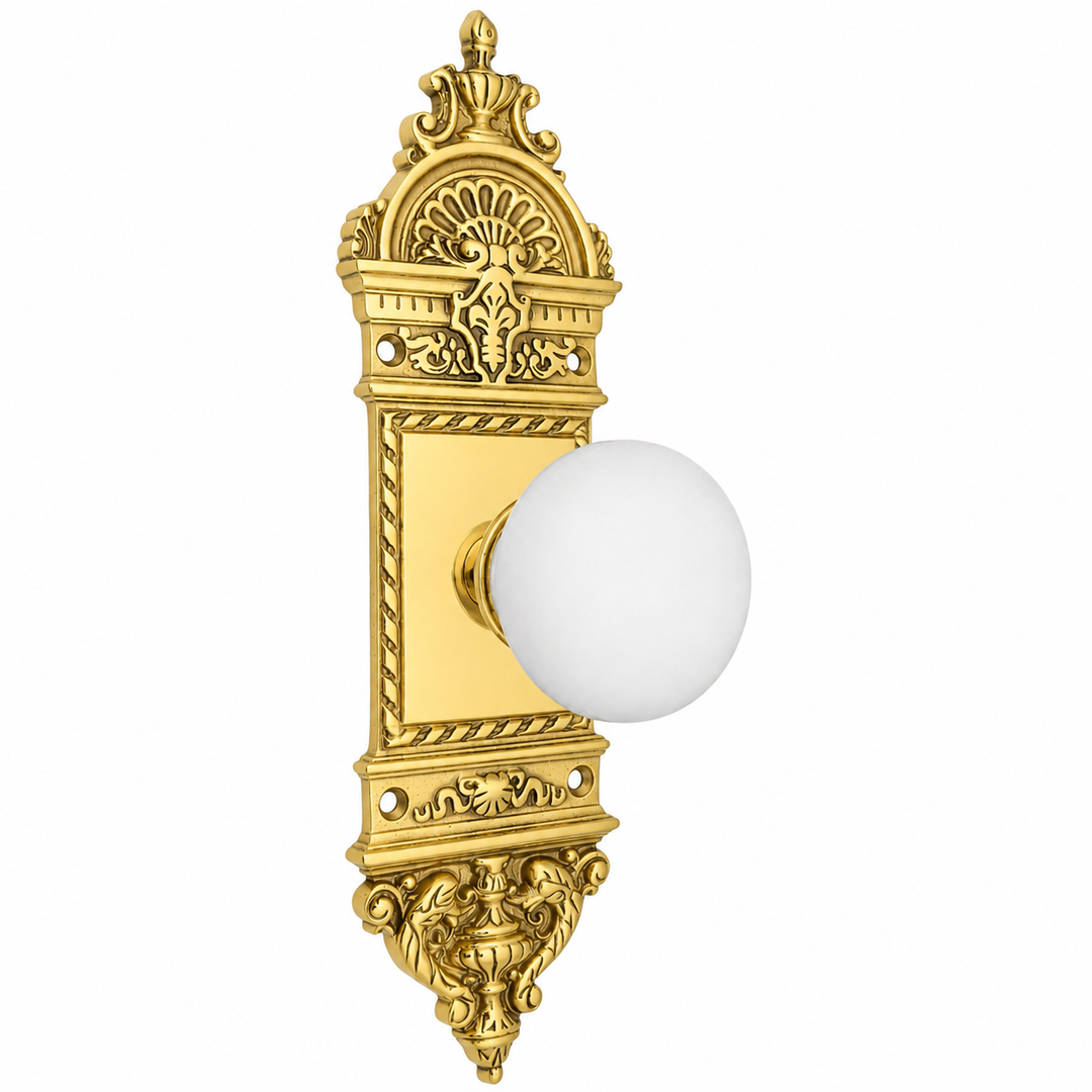 L'Enfant Small Backplate Door Set with White Porcelain Door Knobs (Several Finishes Available)