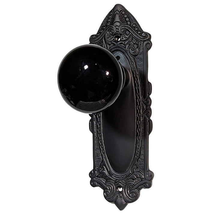 Black Porcelain Door Knob Set with Largo Design Backplate COPPER MOUNTAIN HARDWARE