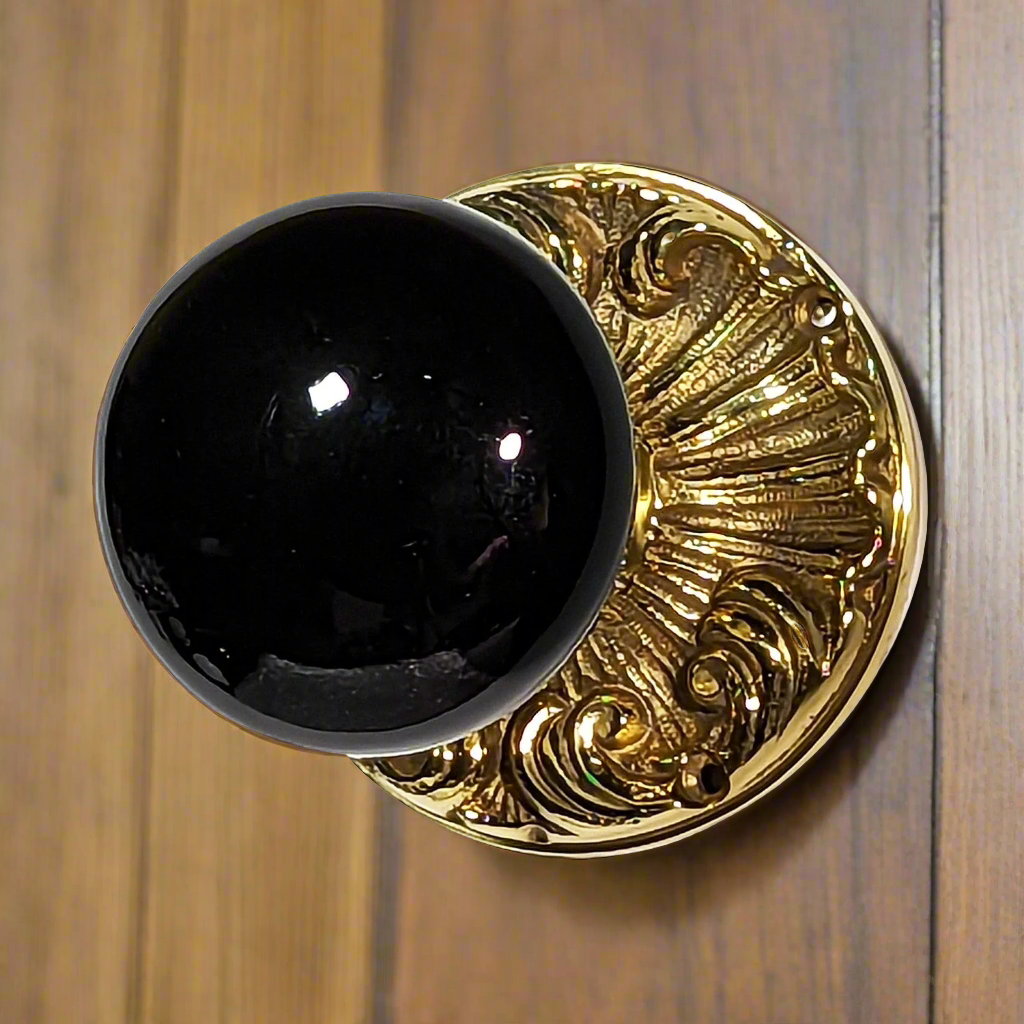 Black Porcelain Door Knob Set with Romanesque Rosette COPPER MOUNTAIN HARDWARE