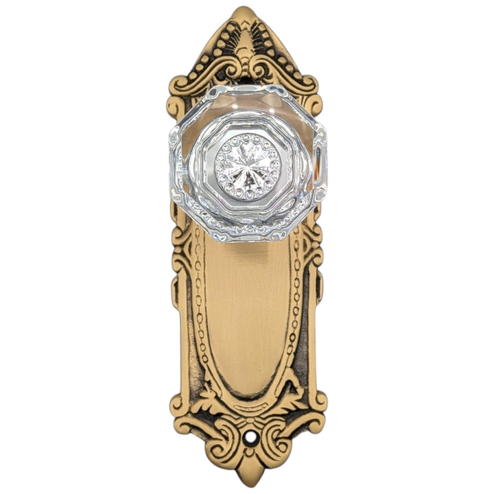Ornate Victorian Long Backplate Door Set with Crystal Octagon Door Knobs (Several Finishes Available)