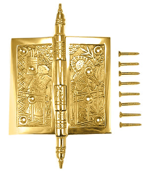 4 1/2 x 4 1/2 Inch Japanesque Style Ornate Solid Brass Hinge