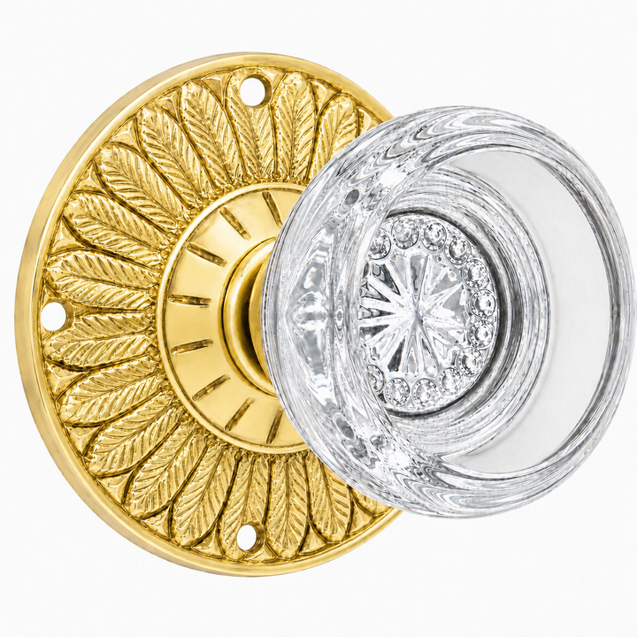 Feather Rosette Door Set with Round Crystal Door Knobs (Several Finishes Available)