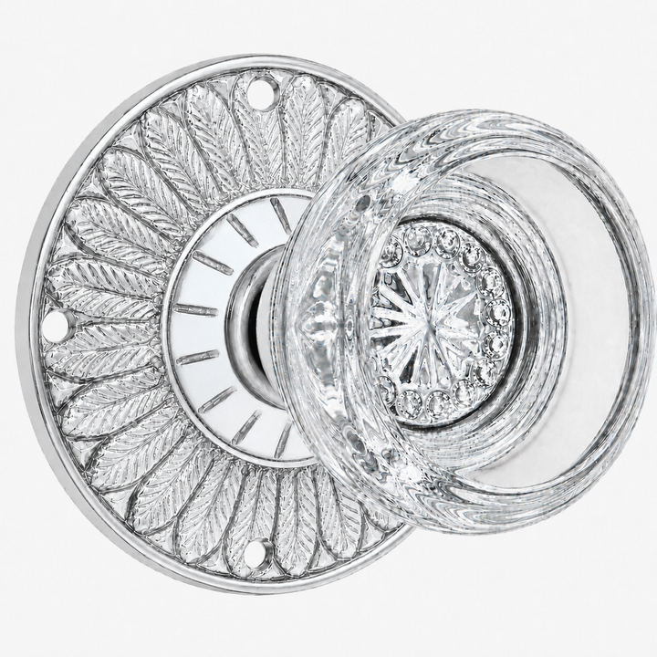 Feather Rosette Door Set with Round Crystal Door Knobs (Several Finishes Available)