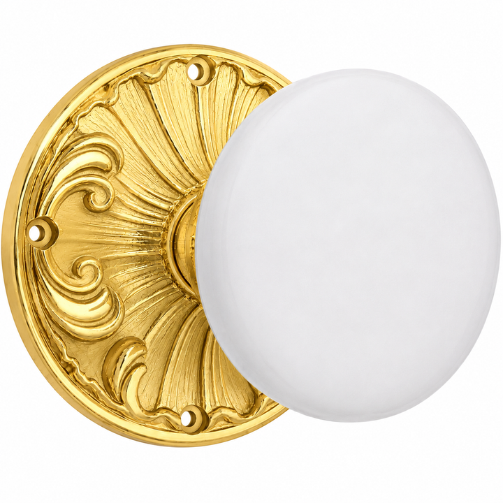 Romanesque Rosette Door Sets with White Porcelain Door Knobs (Several Finishes Available)