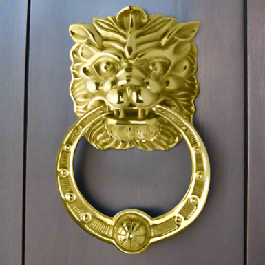 8 3/8 Inch (4 Inch c-c) Solid Brass Regal Lion Door Knocker (Polished Brass Finish) Copper Mountain Hardware